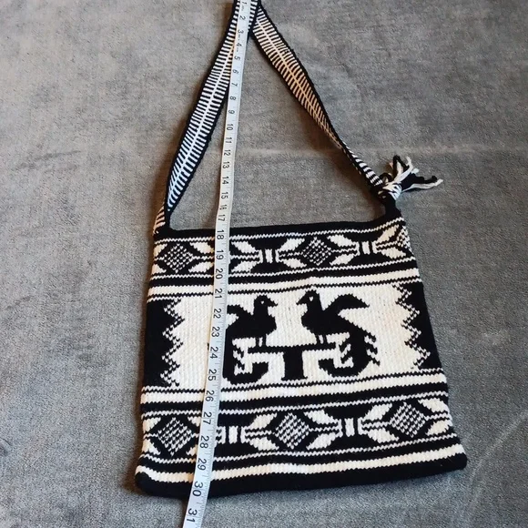 Woven Guatemalan Phoenix Crossbody Shoulder Bag, Black & White Boho - Picture 6 of 12